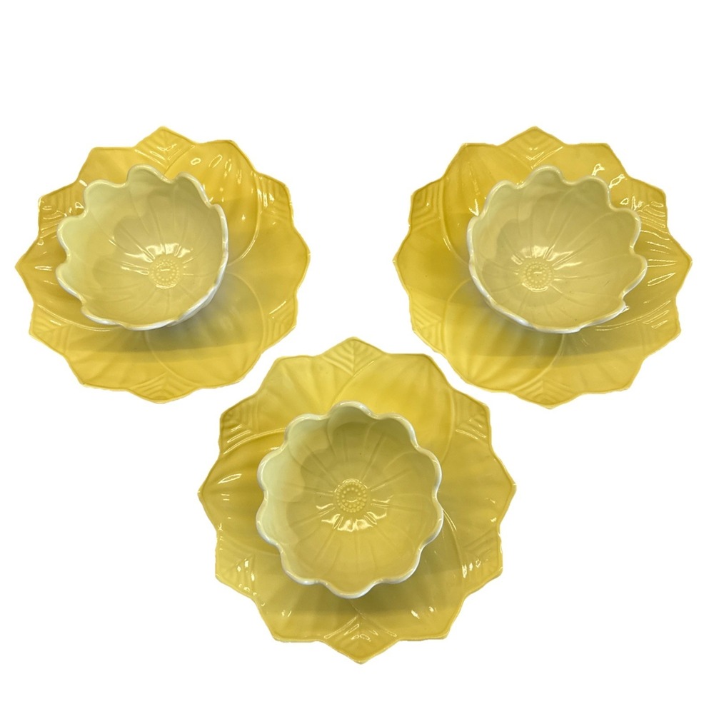 Anchor Hocking Fire-King Lotus Blossom And Leaf Yellow Milk Glass Snack Set Of 3